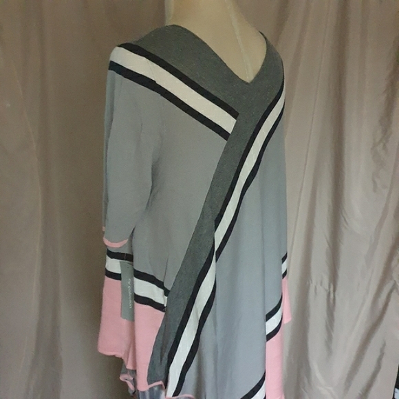 NY Collection Pink & Grey Strip Short Sleeve Asymmetrical Sweater Poncho Sz Md - Picture 6 of 15